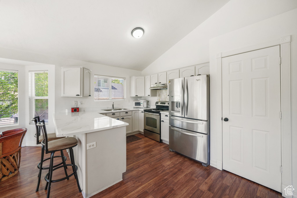 Kitchen featuring stainless steel appliances, a sink, a peninsula, under cabinet range hood, and a breakfast bar area