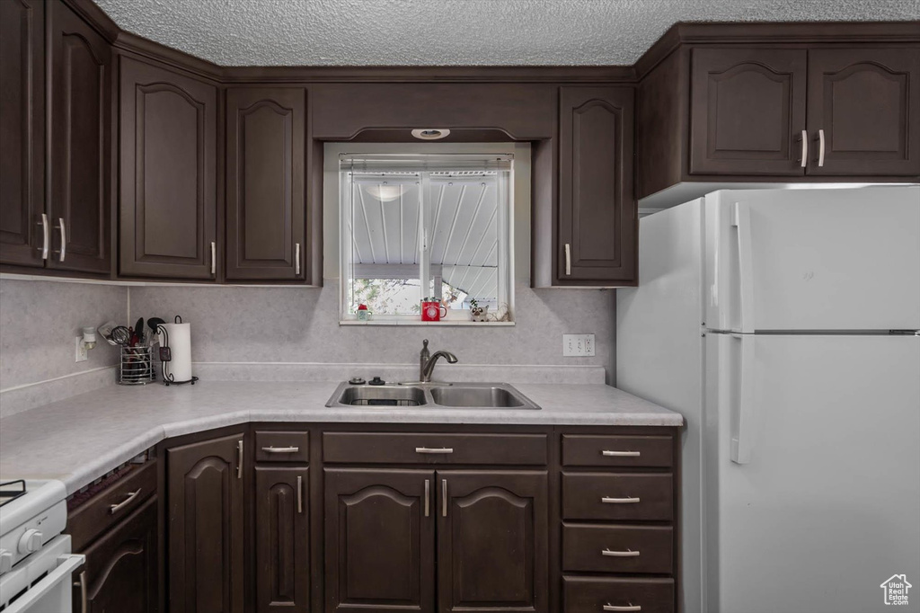 Kitchen featuring a sink, dark brown cabinets, and white appliances