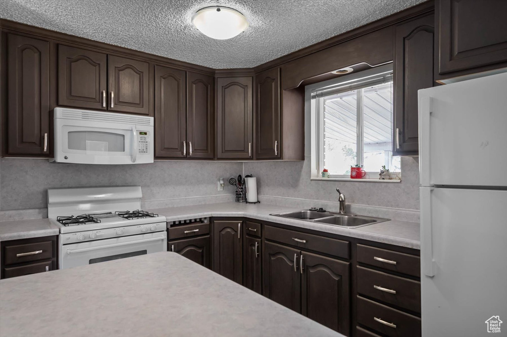 Kitchen with a sink, dark brown cabinetry, and white appliances