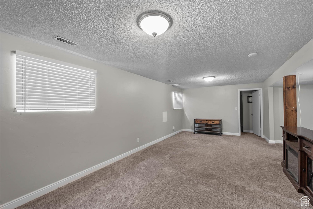 Basement featuring carpet flooring, a healthy amount of sunlight, baseboards, and visible vents