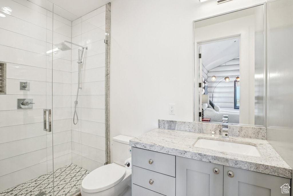 Ensuite bathroom with a shower stall, toilet, and vanity