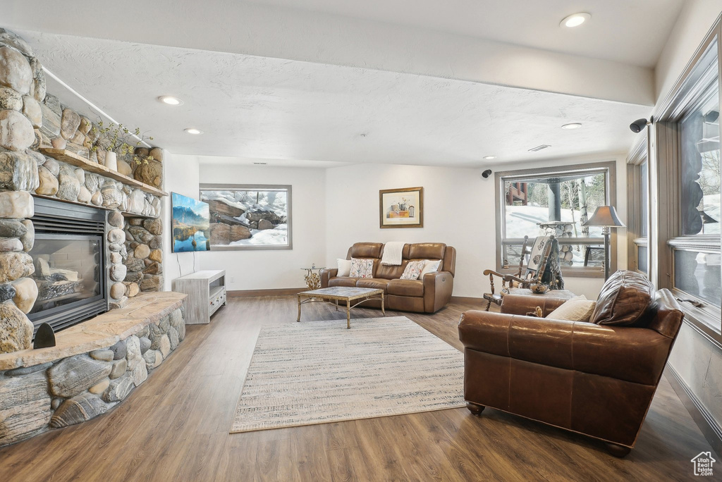 Living area featuring a fireplace, baseboards, wood finished floors, and recessed lighting