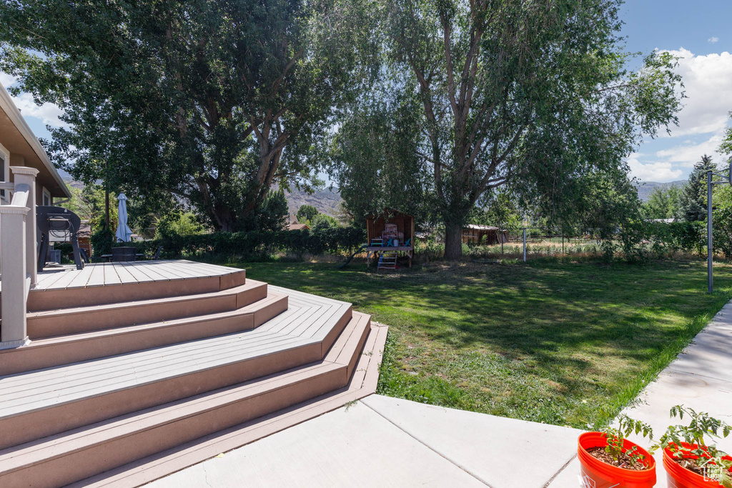 View of yard with a deck and a patio area