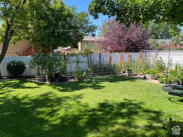 View of yard with a fenced backyard and a vegetable garden