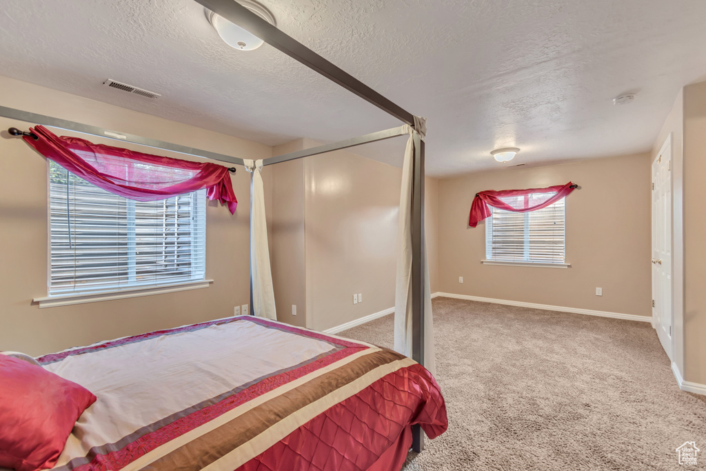 Bedroom featuring baseboards, visible vents, carpet, and a textured ceiling