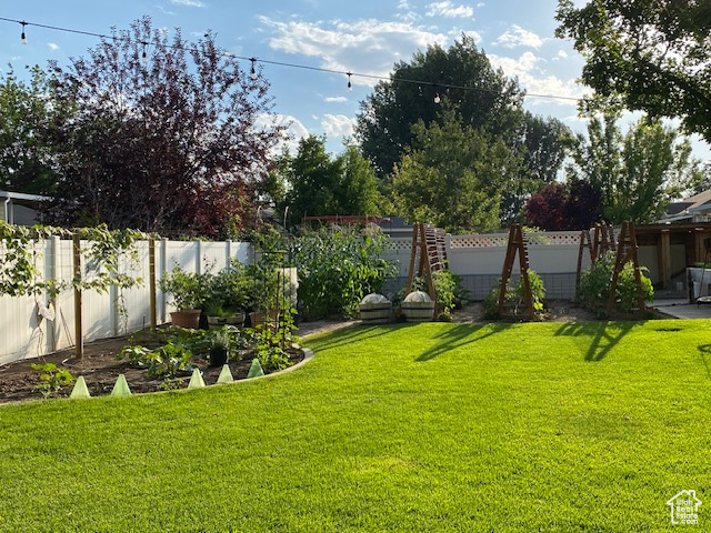 View of yard featuring a garden and a fenced backyard