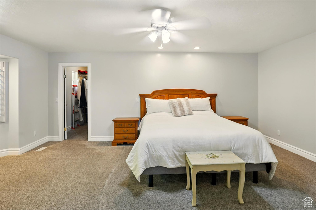 Carpeted bedroom with a walk in closet, ceiling fan, and a closet