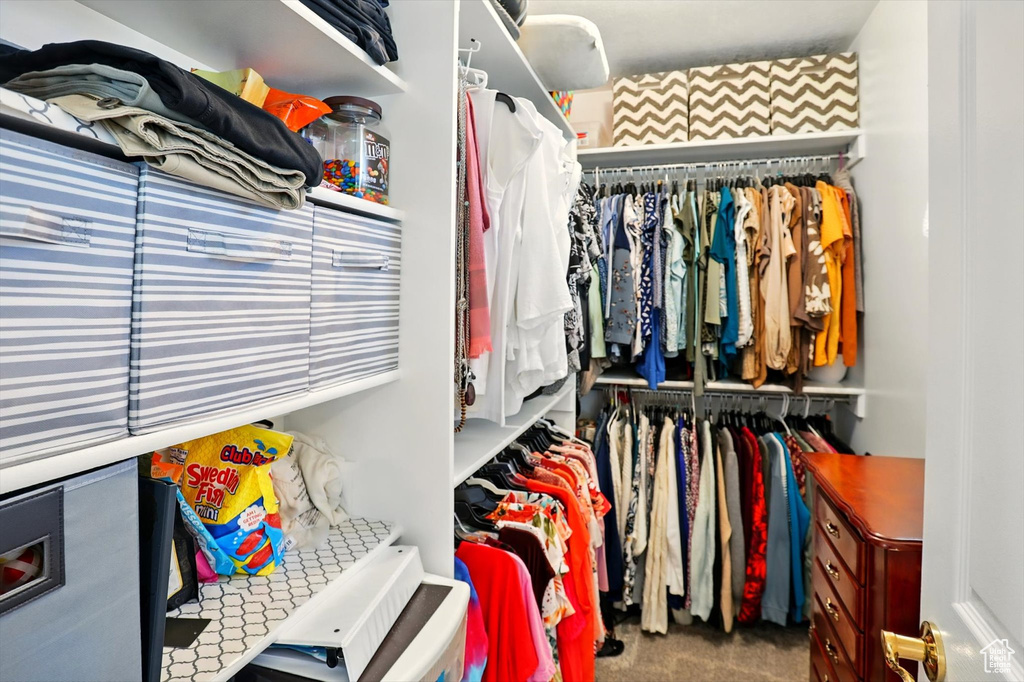 Walk in closet with carpet flooring