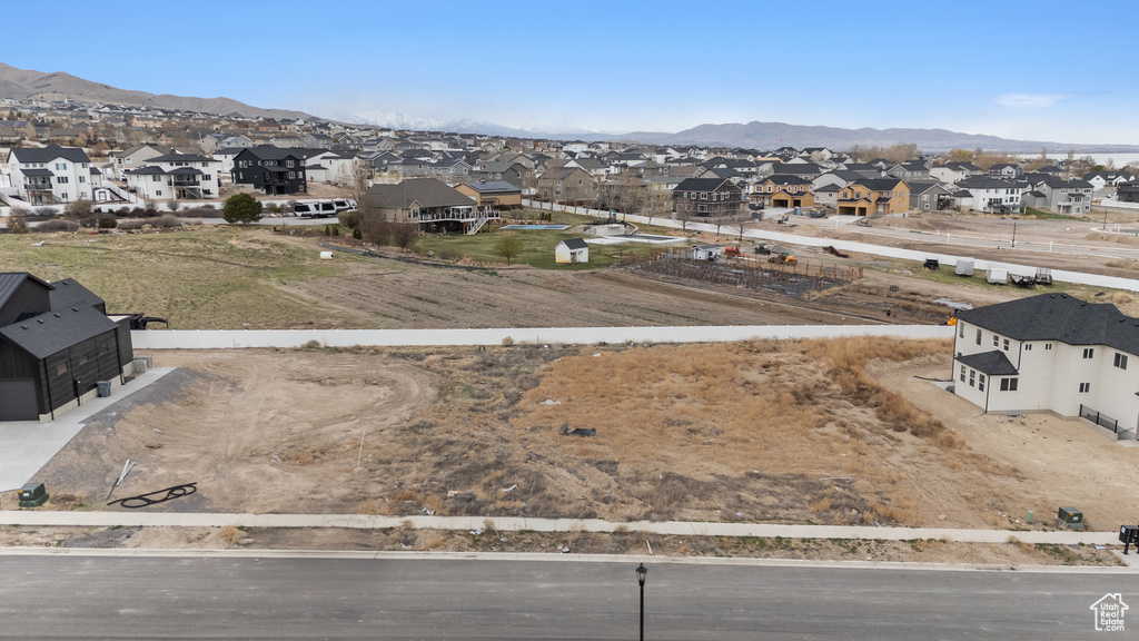Aerial view of residential area with mountains