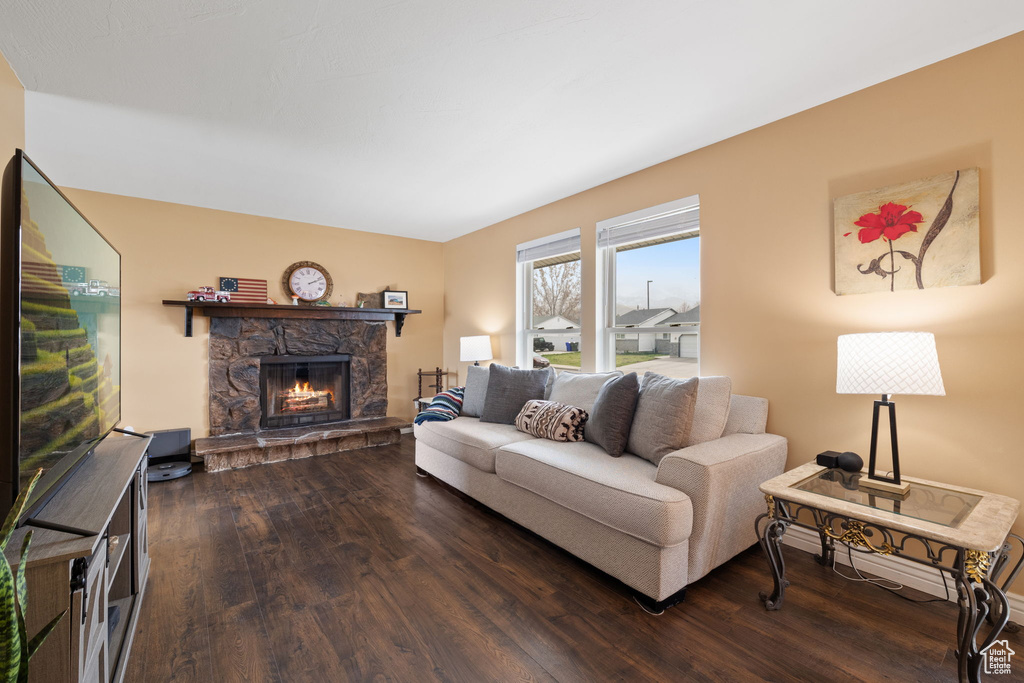 Living area featuring a stone fireplace and wood finished floors