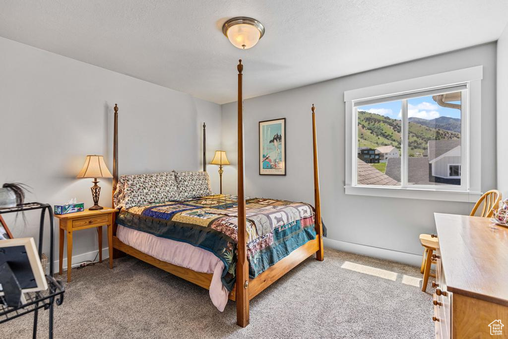 Carpeted bedroom with baseboards and a mountain view