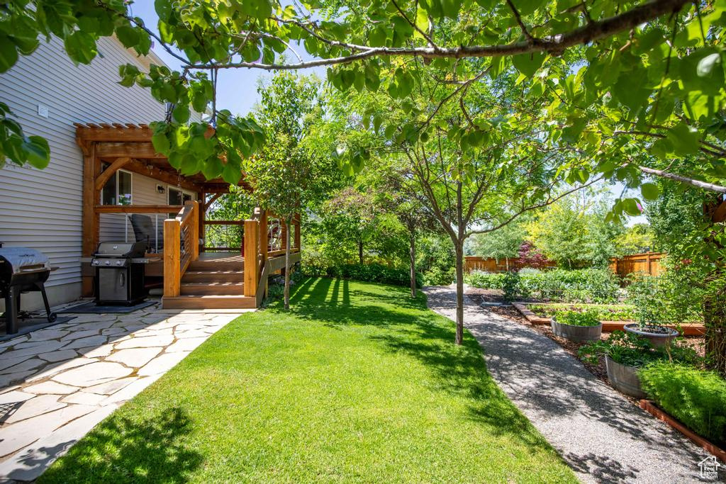 View of yard with a deck, a pergola, and a patio area