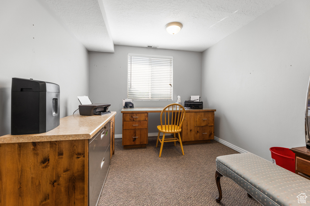 Carpeted office space featuring visible vents, a textured ceiling, and baseboards