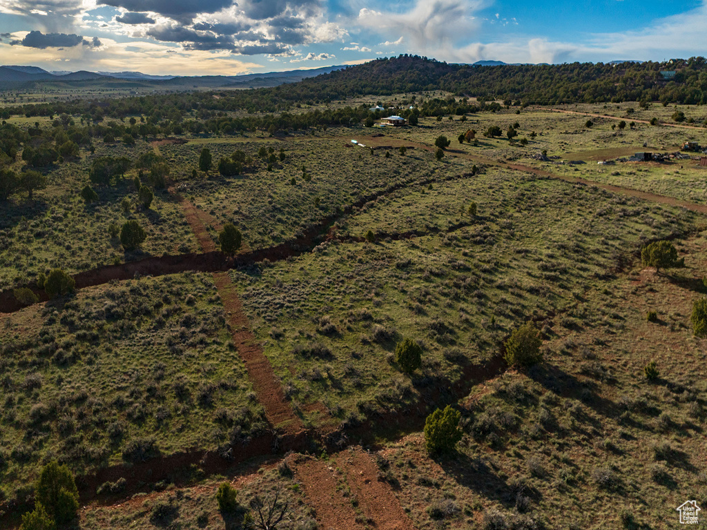 Drone / aerial view with a mountain view and a rural view