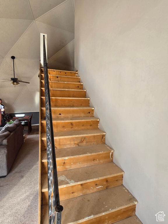 Stairway with carpet flooring and a ceiling fan