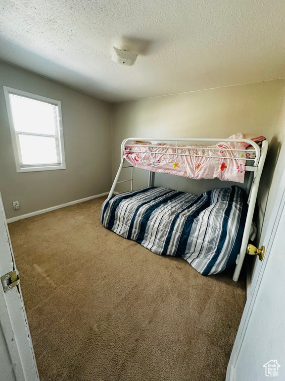 Bedroom with baseboards, carpet flooring, and a textured ceiling