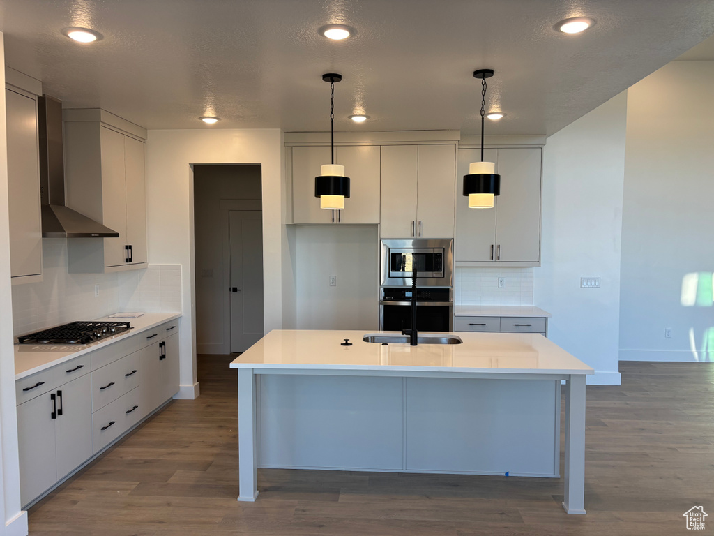 Kitchen with wall chimney exhaust hood, decorative backsplash, a sink, appliances with stainless steel finishes, and wood finished floors