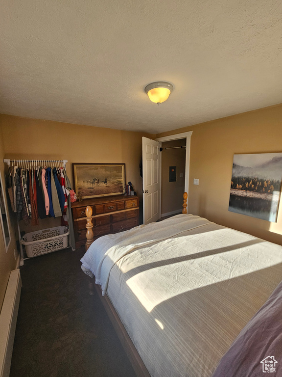 Bedroom with baseboard heating, a textured ceiling, and carpet