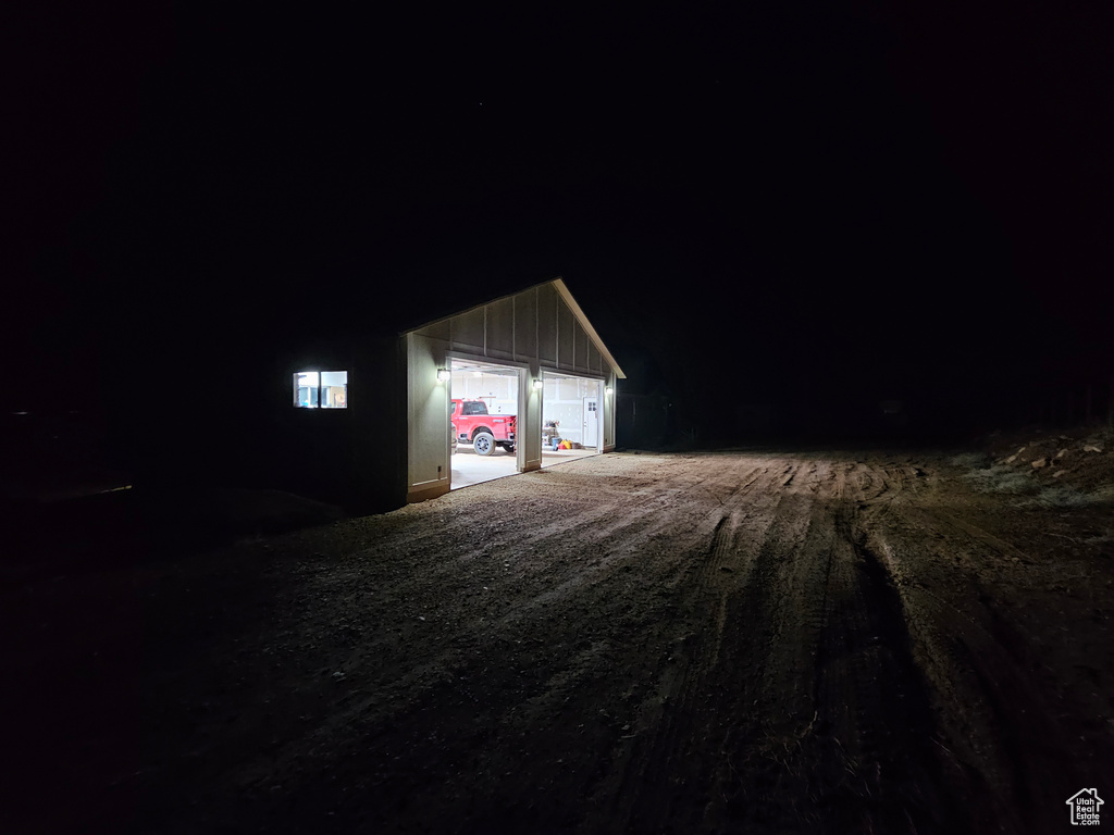 View of garage at night