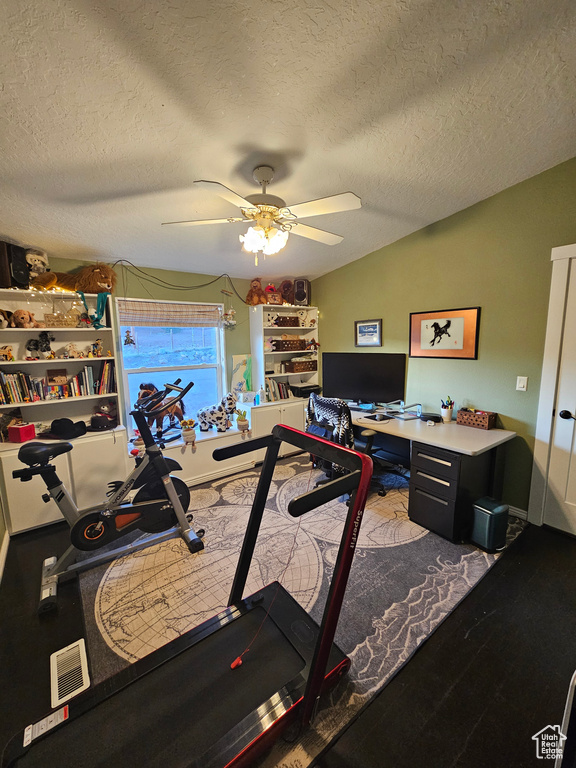Workout area featuring a textured ceiling, lofted ceiling, and ceiling fan