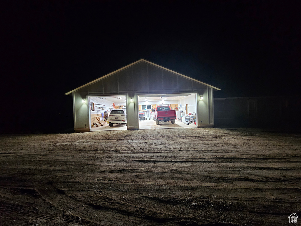 View of garage at night