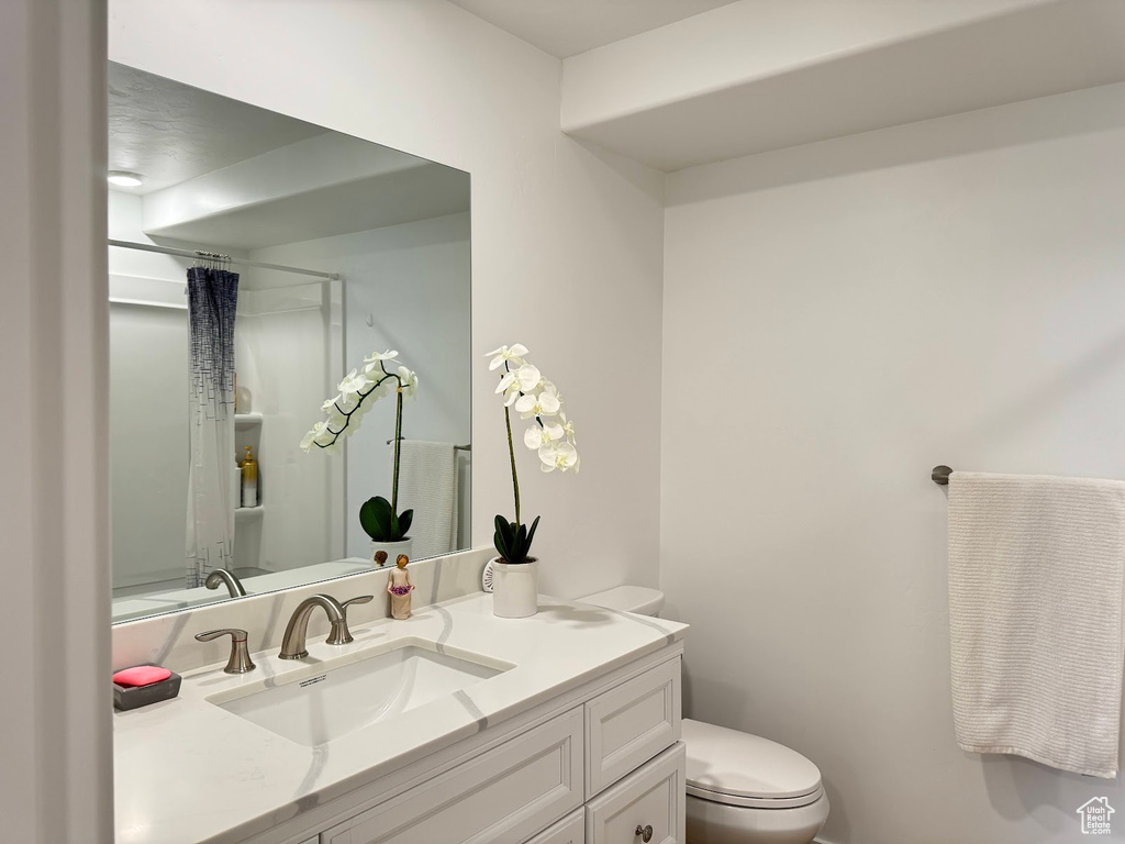 Full bathroom with toilet, a shower with shower curtain, and vanity