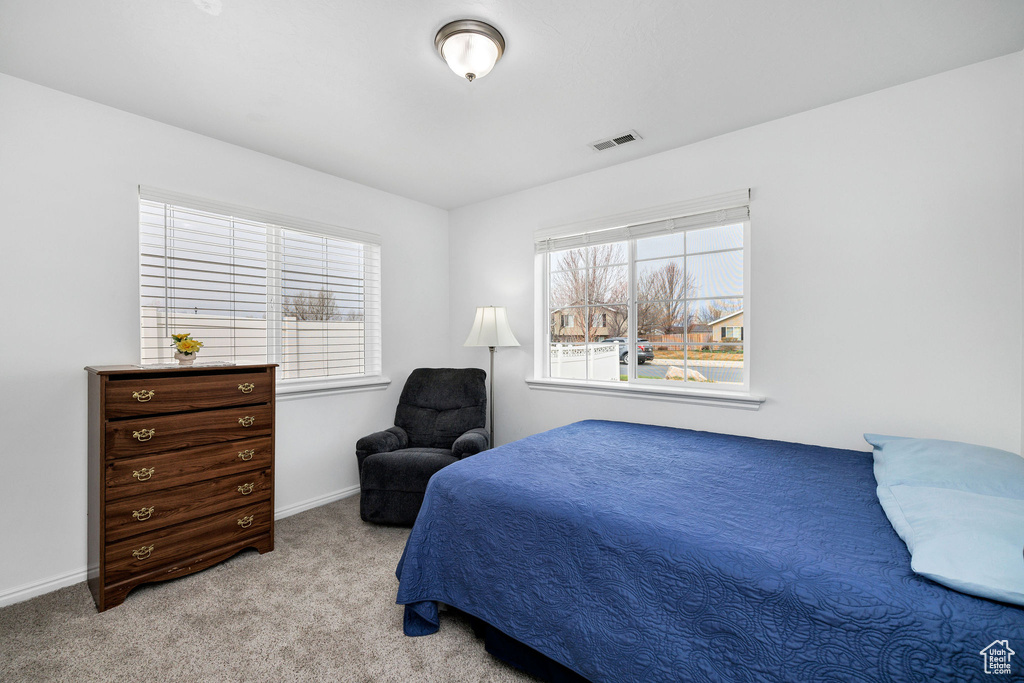 Carpeted bedroom with baseboards and visible vents