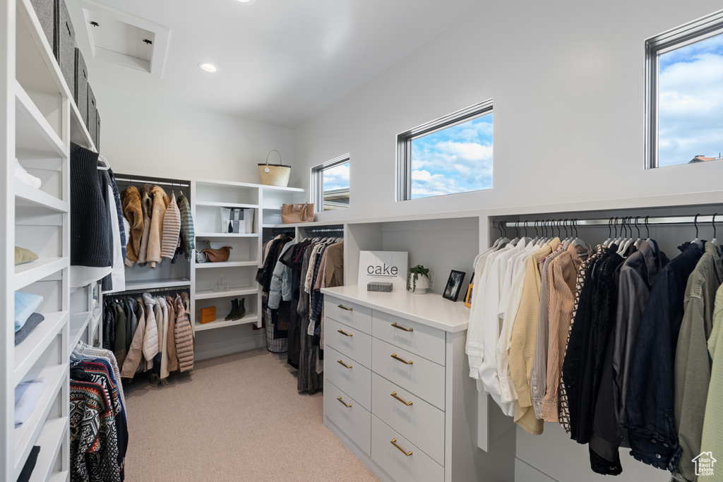 Walk in closet featuring light carpet
