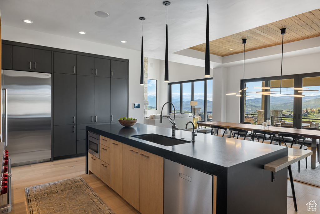 Kitchen with built in appliances, a sink, dark countertops, light wood finished floors, and wood ceiling