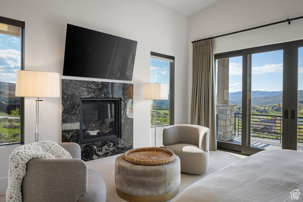 Bedroom with access to outside, multiple windows, a premium fireplace, and vaulted ceiling