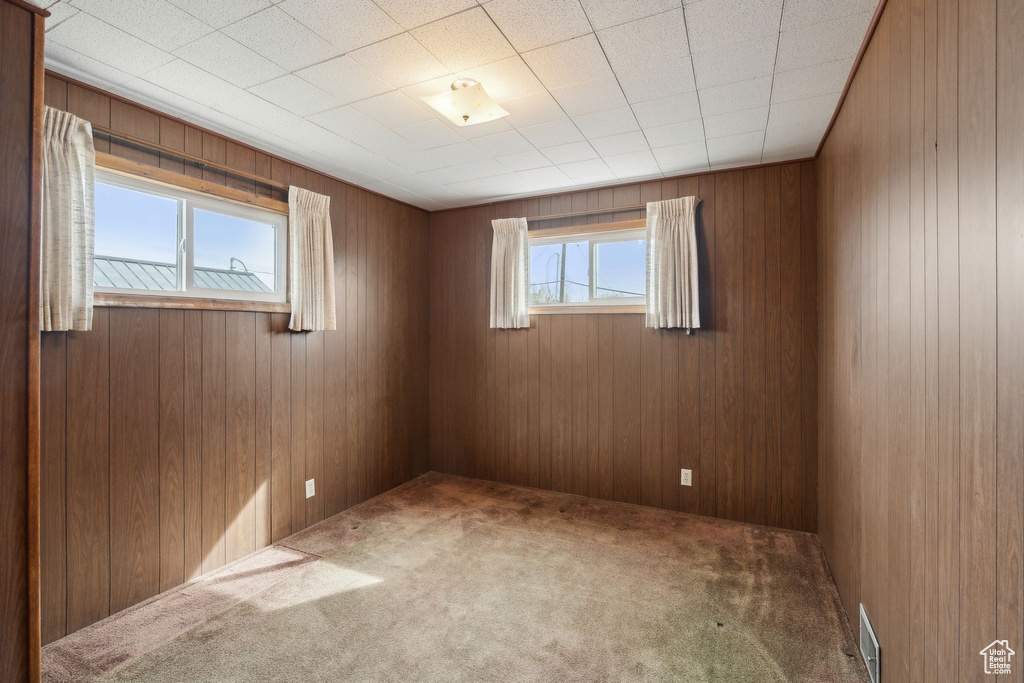Carpeted spare room featuring visible vents and wood walls