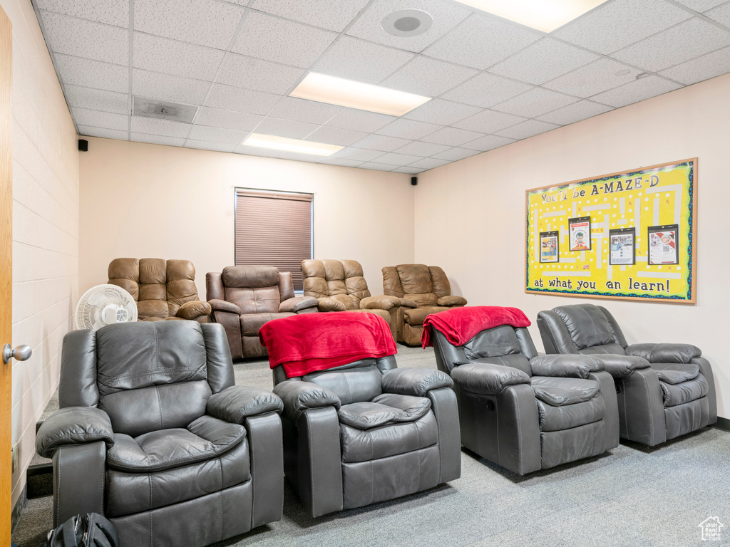 Carpeted cinema room with a paneled ceiling