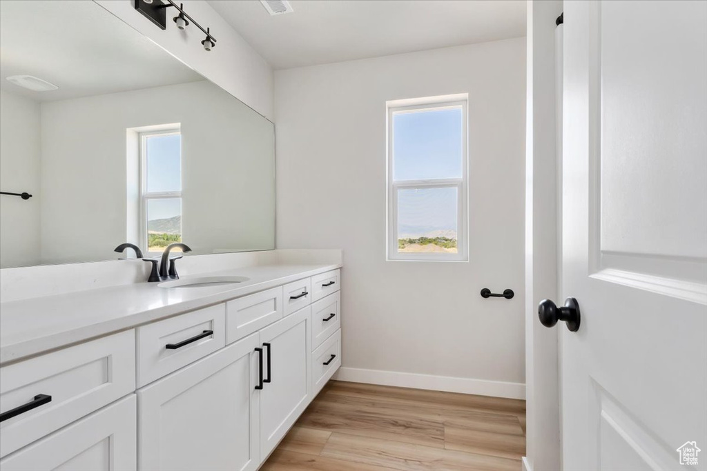 Bathroom featuring baseboards, wood finished floors, a healthy amount of sunlight, and vanity