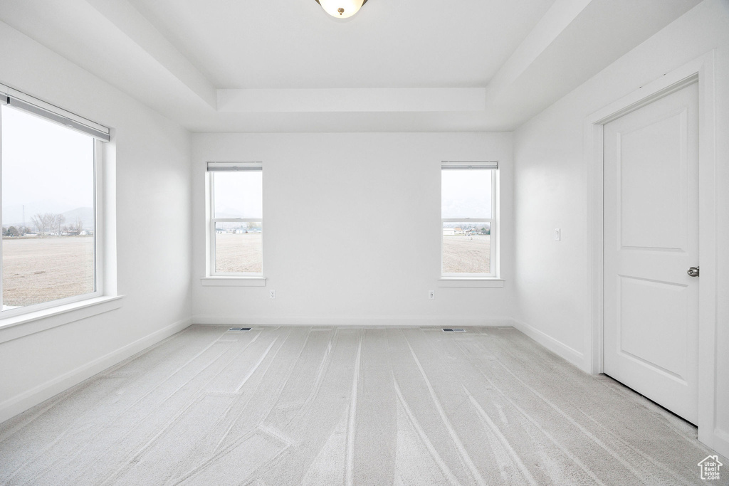 Unfurnished room with a tray ceiling, light colored carpet, and baseboards