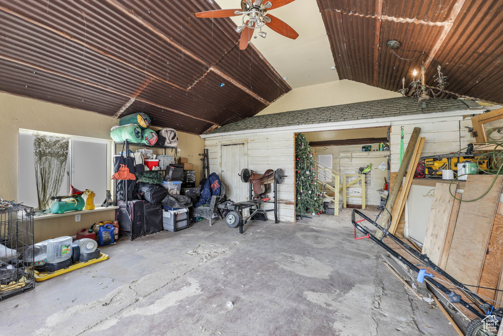 Garage featuring a ceiling fan