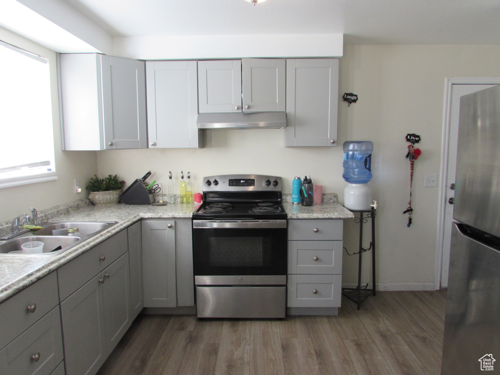 Kitchen with gray cabinets, under cabinet range hood, a sink, stainless steel appliances, and light wood finished floors