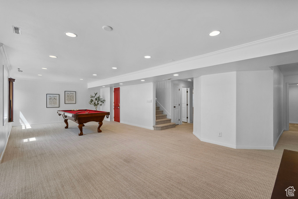 Recreation room with light carpet, recessed lighting, billiards table, baseboards, and crown molding