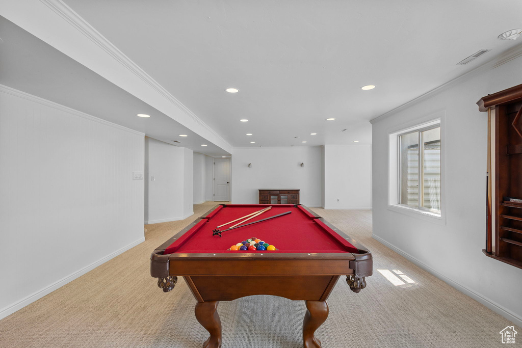 Playroom featuring light carpet, baseboards, recessed lighting, ornamental molding, and billiards table