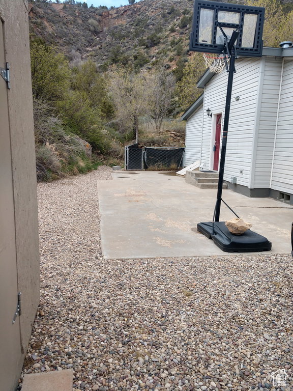 View of patio featuring a mountain view