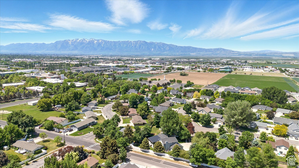 Aerial view of residential area with mountains