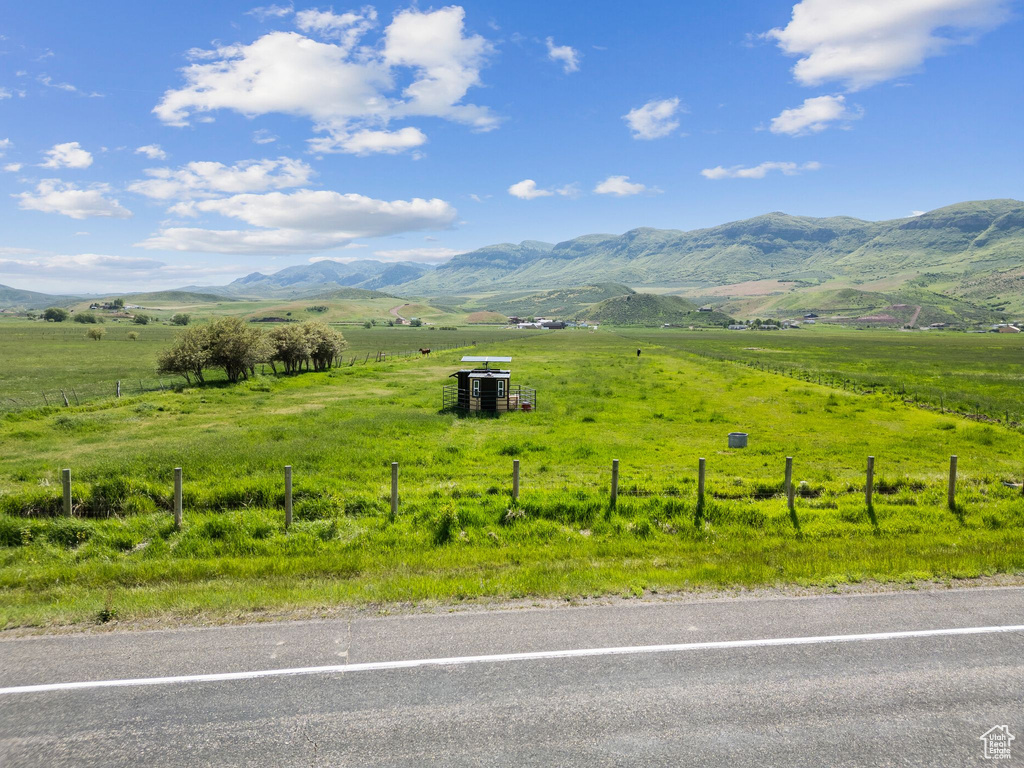 Mountain view with rural landscape and agricultural land