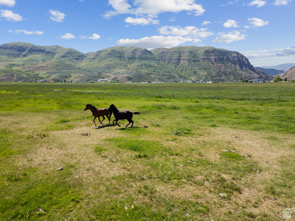 Mountain view with rural landscape and agricultural land