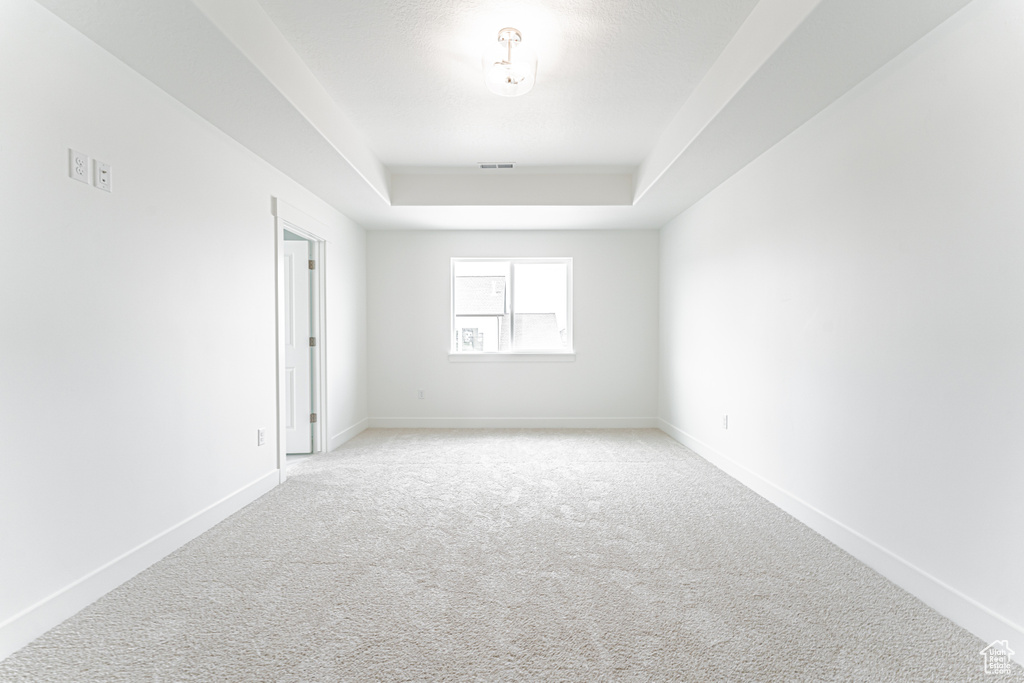 Empty room featuring a raised ceiling and light colored carpet