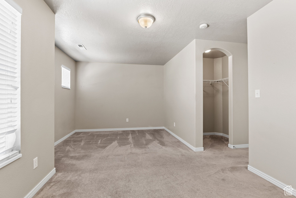 Unfurnished bedroom featuring carpet floors, a spacious closet, a textured ceiling, baseboards, and a closet