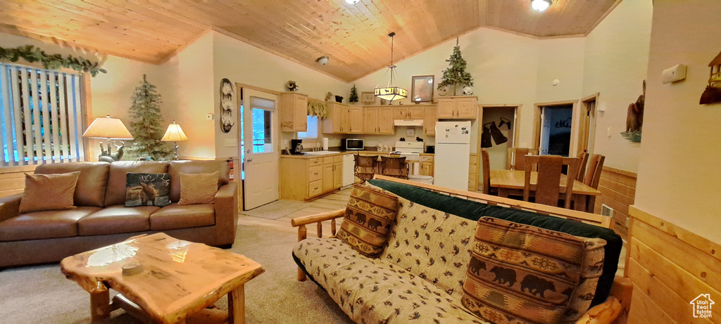 Living area featuring light carpet, wainscoting, high vaulted ceiling, and wooden ceiling