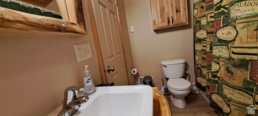 Full bath with a sink, toilet, and wood finished floors