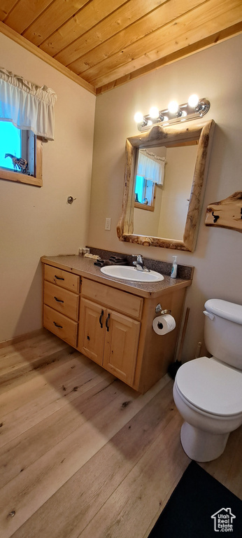 Bathroom with vanity, wood finished floors, toilet, and wood ceiling