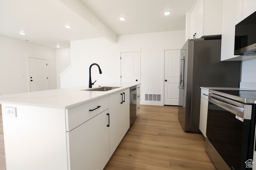 Kitchen with visible vents, appliances with stainless steel finishes, white cabinetry, a sink, and light wood-style floors
