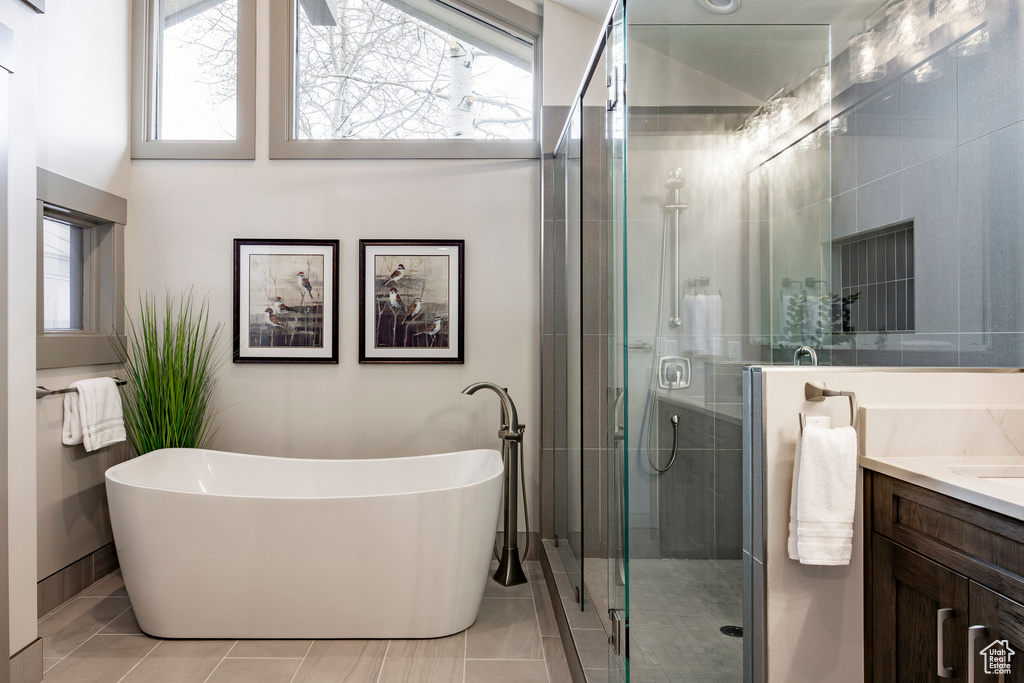 Bathroom featuring plenty of natural light, a freestanding tub, vanity, and a shower stall