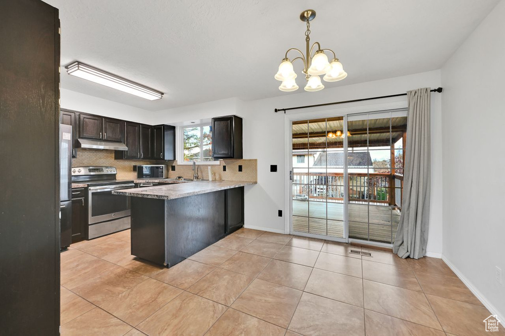 Kitchen with tasteful backsplash, an inviting chandelier, under cabinet range hood, a peninsula, and appliances with stainless steel finishes